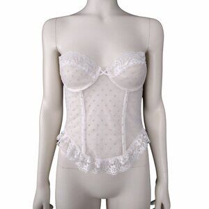 Vintage 80s/90s White Swiss Dot Strapless Sheer Ruffled Corset Bustier Size 34B